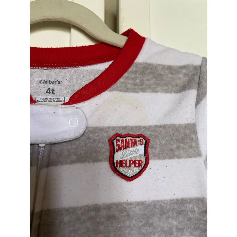 Carter's Gray White Striped Santa's‎ Little Helper Zipper Fleece Sleeper 4T Red